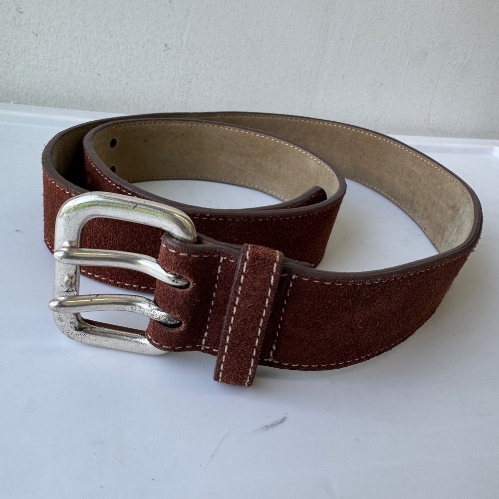 Express Mens Brown Suede Leather Double Prong Belt Large Contrast Stitch Silver